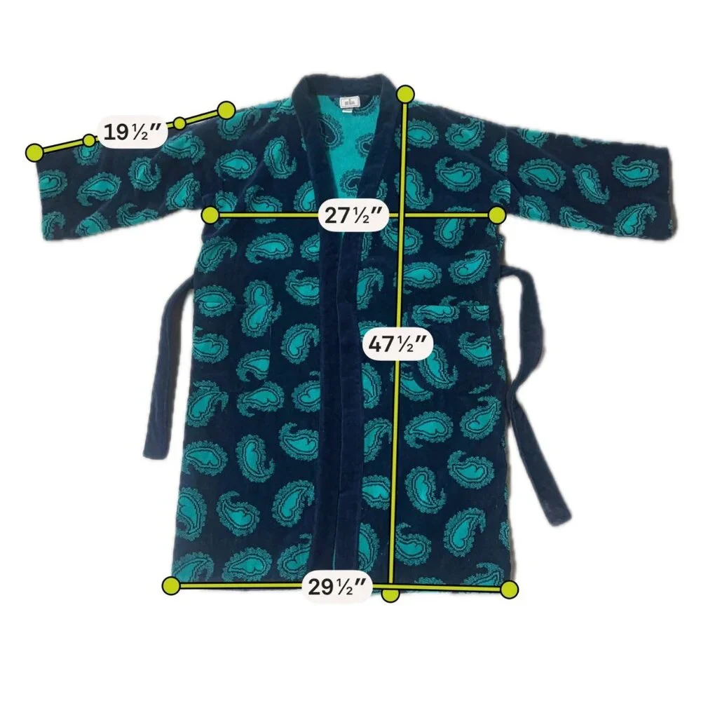 Vintage Terrycloth Robe Bill Blass Cotton Bathrobe One Size Navy Teal Paisley - Picture 7 of 7